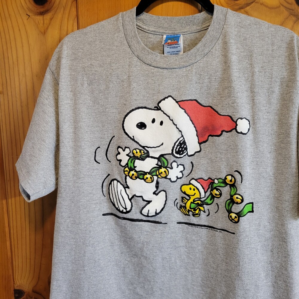 Vintage y2k Peanuts snoopy XL Gray christmas holiday Santa cartoon vtg Woodstock